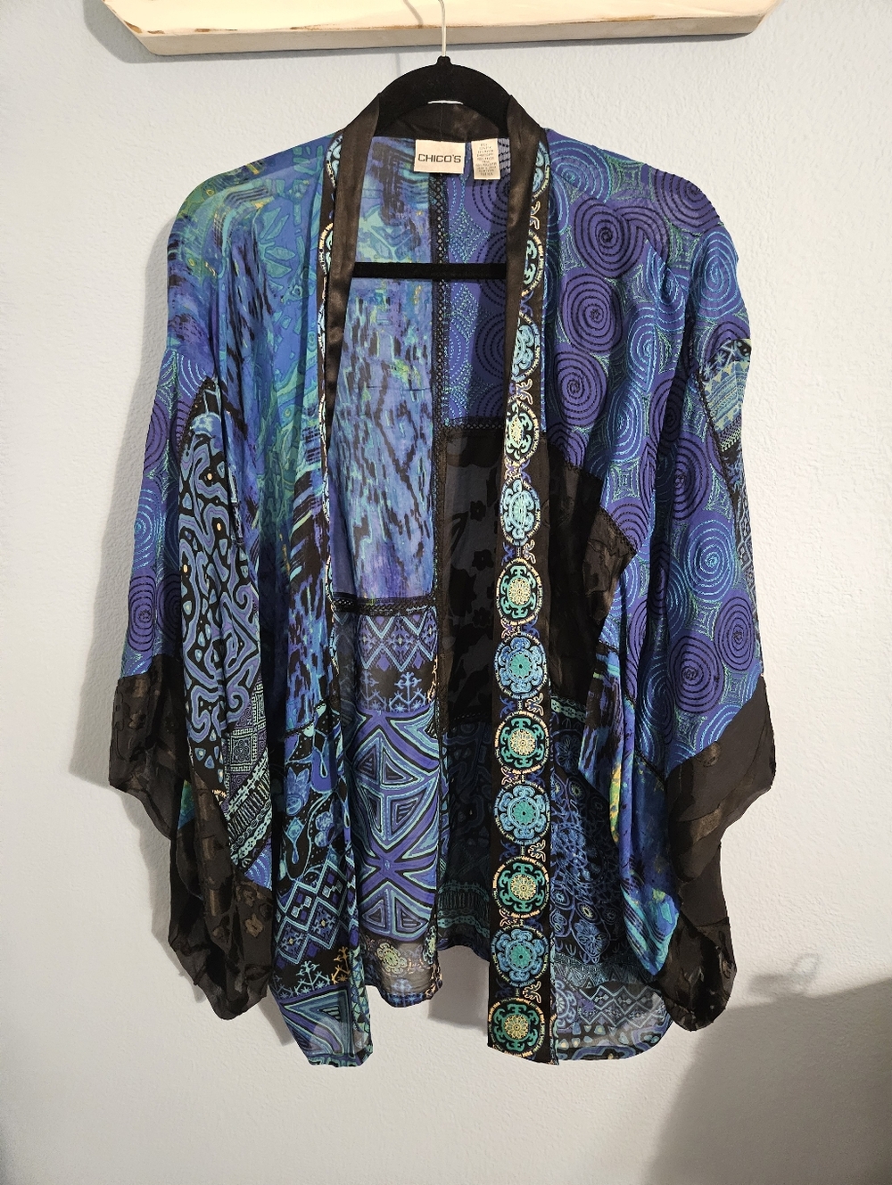 Chico's Blue and Teal Embroidered Sheer Layer Top